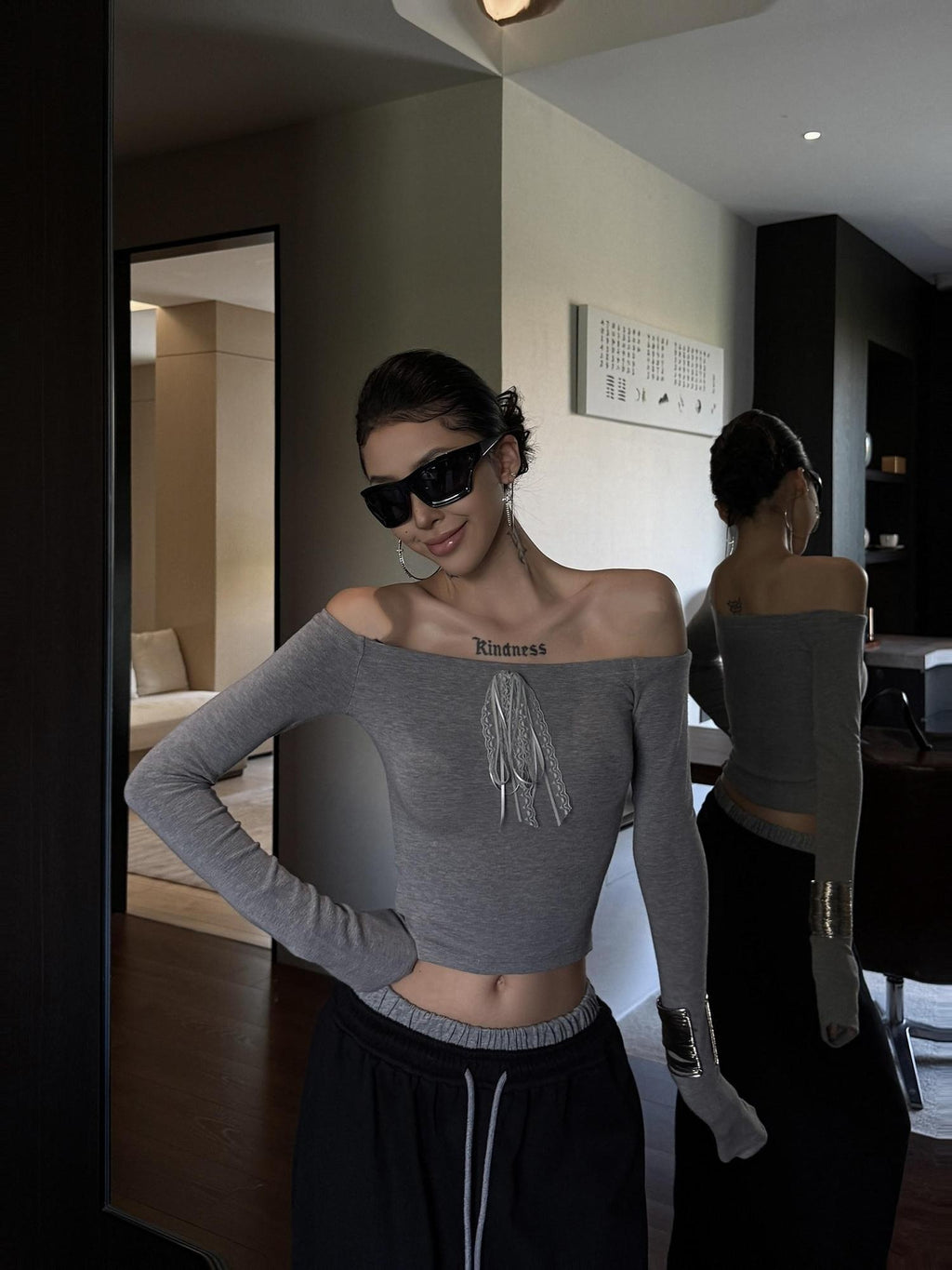 ZERO Soft Viscose Slim Fit Casual Straight Neck Gray Womens Long Sleeve Crop Tops