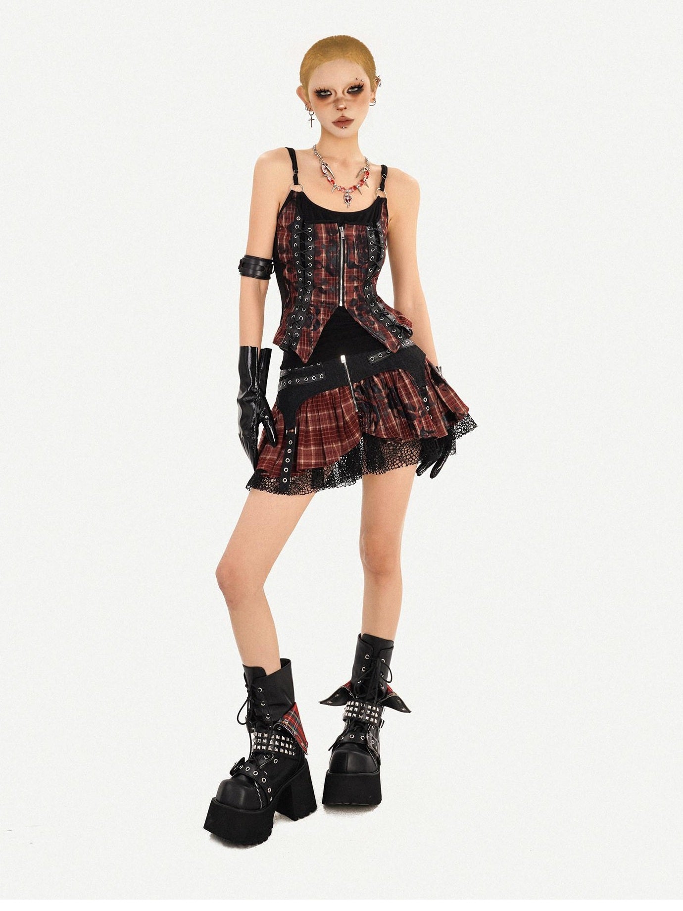 Nico Molly Zipper Cropped Plaid Slim Camisole High Waist Skirt Women Top & Skirt Sets
