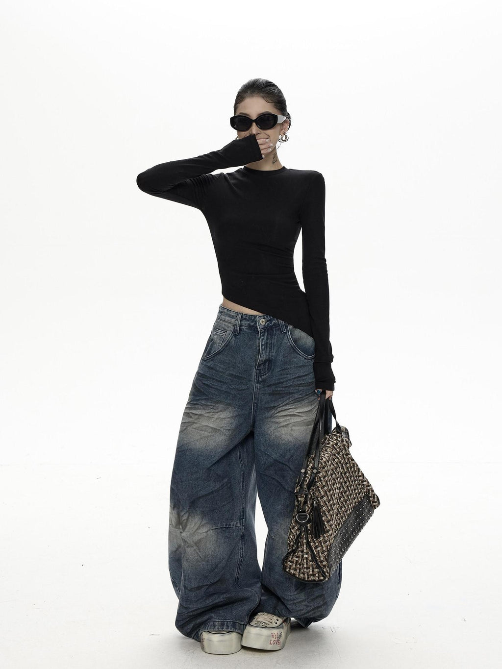 ZERO Rhinestone Mesh Lyocell Slim Cropped Women Black Long Sleeve T-Shirts