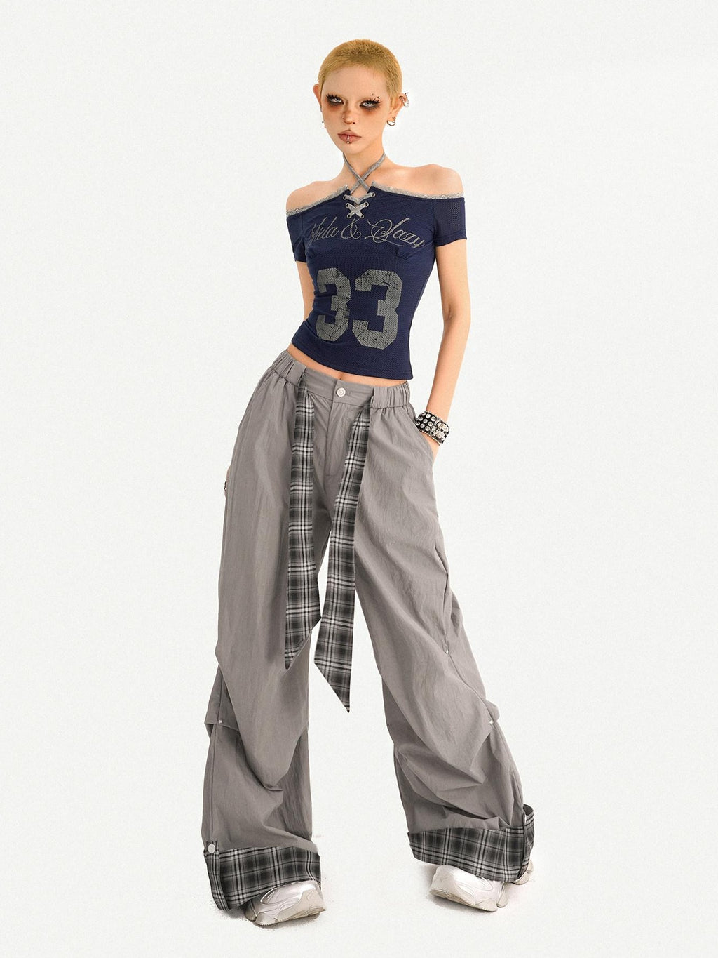 Nico Molly Sexy Slim Tie Front Women Letter Number Print Grey Off Shoulder Crop Tops