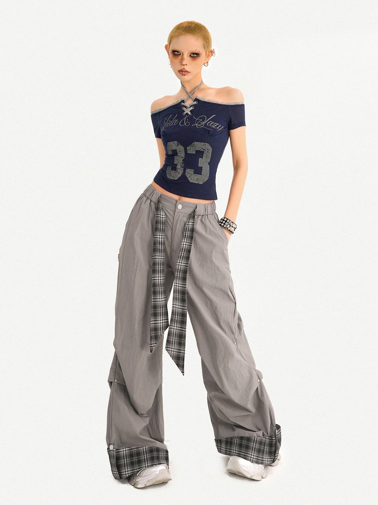 Nico Molly Sexy Slim Tie Front Women Letter Number Print Grey Off Shoulder Crop Tops