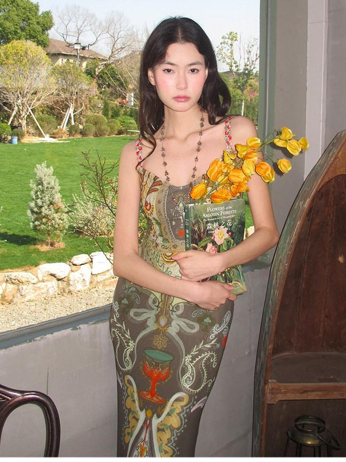 OfAkiva Vintage High Waist Sleeveless Printed Mermaid Women Vacation Maxi Dresses
