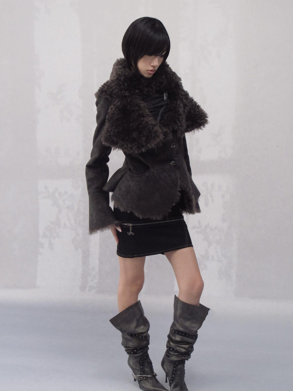 OPEN AESTHETIC Warm Faux Fur Oversized Lapel Collar Women Dark Aesthetic Black Casual Jackets