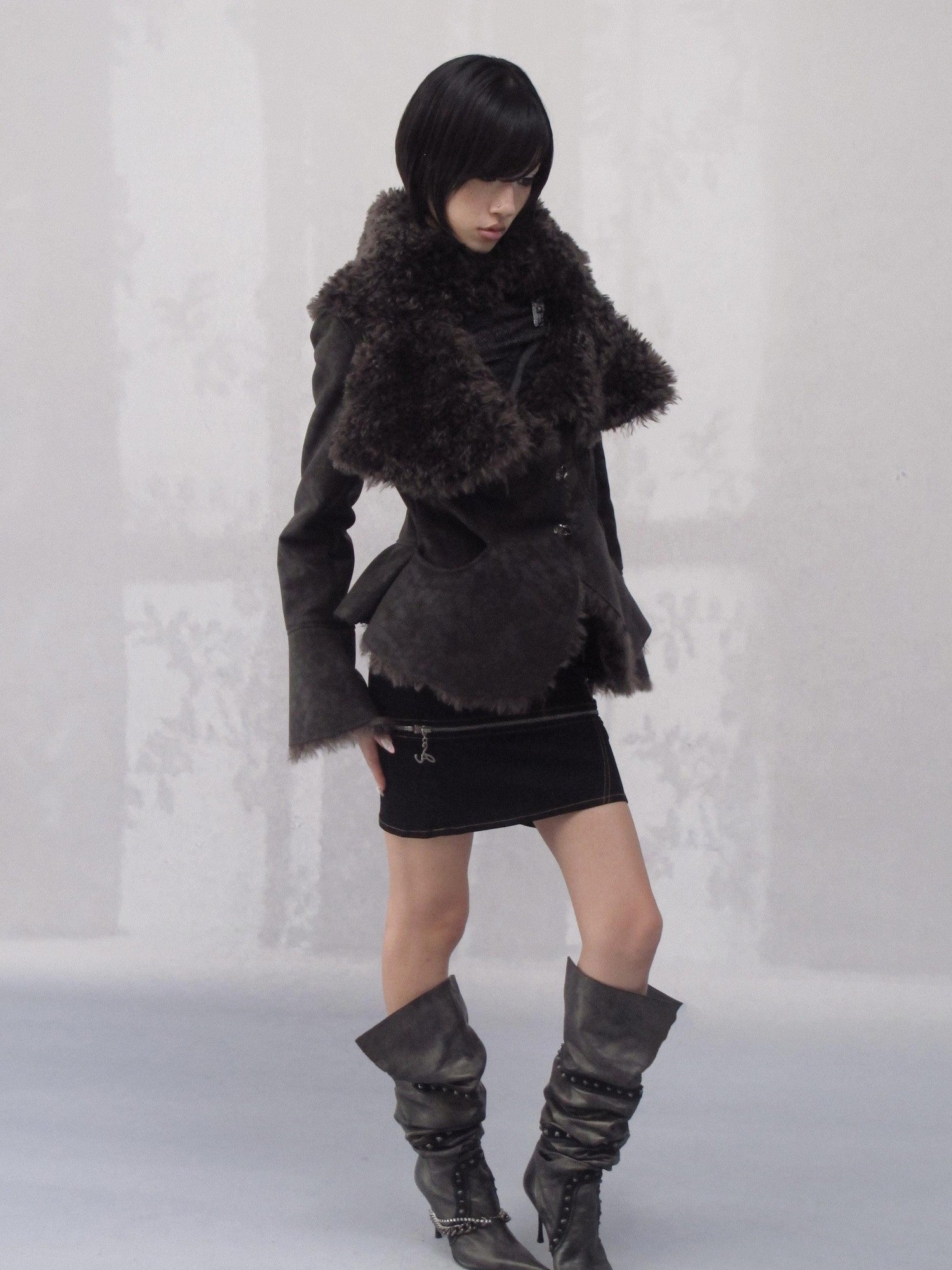 OPEN AESTHETIC Warm Faux Fur Oversized Lapel Collar Women Dark Aesthetic Black Casual Jackets