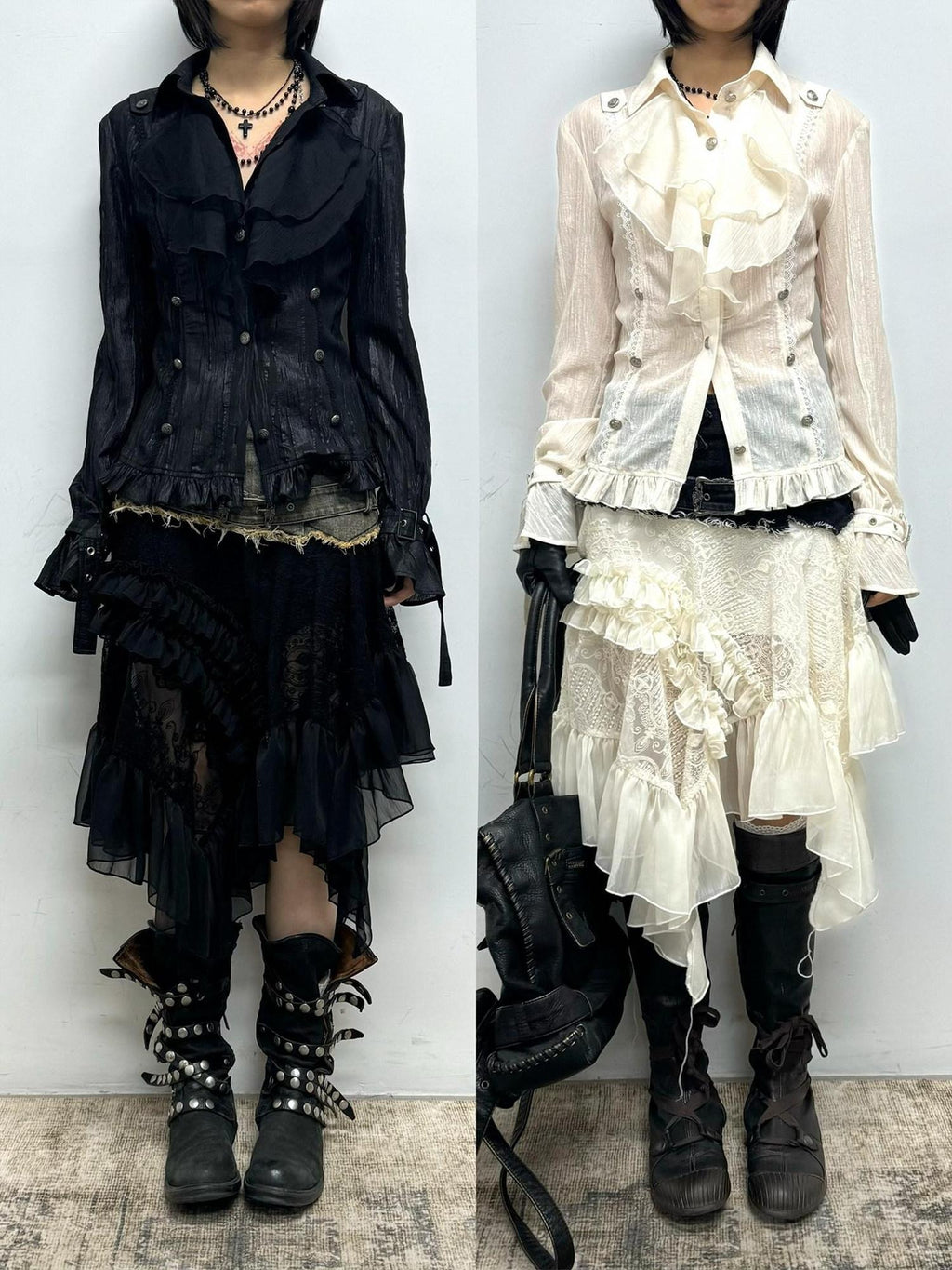 Cest Nous Gothic Ruffle Slim Fit Modal Long Sleeve Women Black Beige Blouses