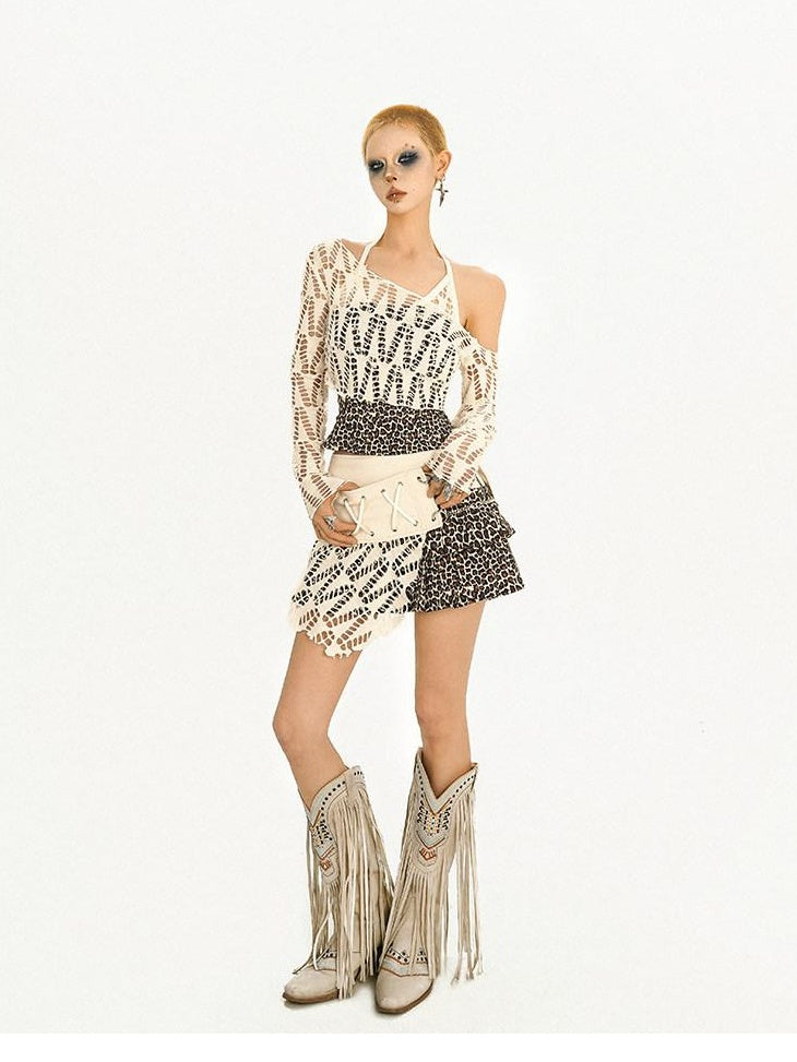 Nico Molly Animal Patchwork Long Sleeve Round Neck Women Polyester Top & Skirt Sets