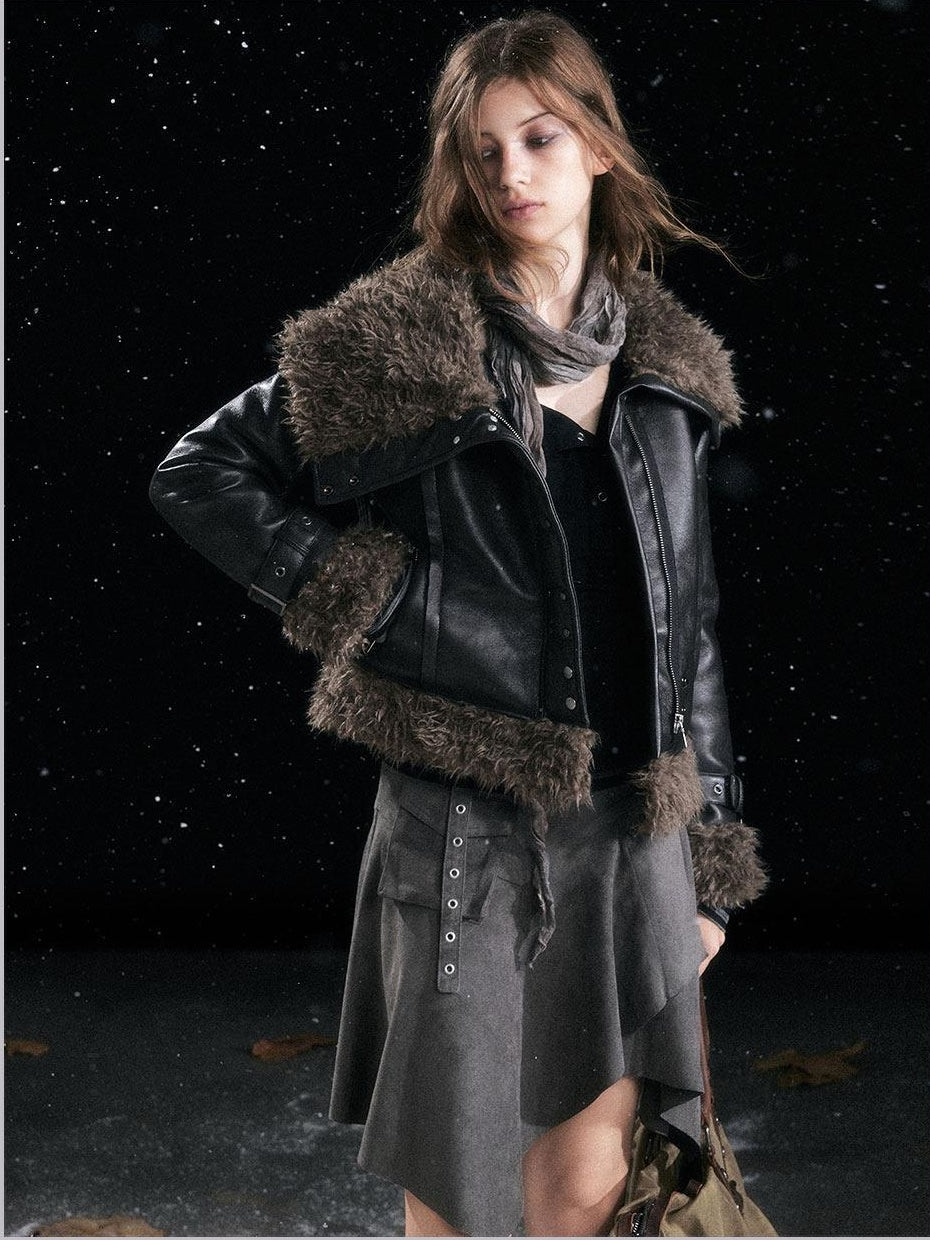 Cest Nous Slimming Thick Punk Straight Cut Faux Shearling Lapel Zip Women Croppedjackets