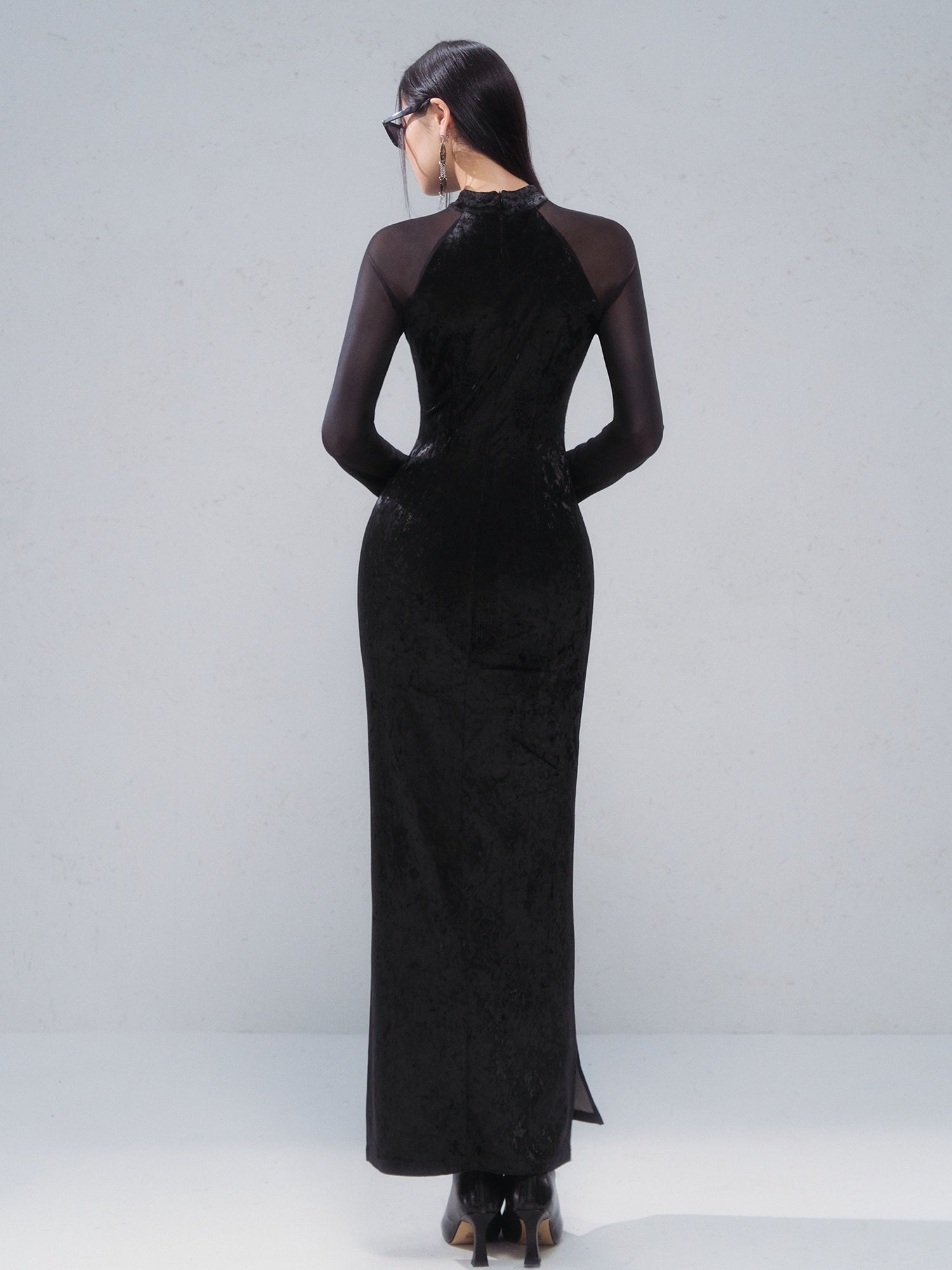 OfAkiva Rhinestone Neo Chinese Slim High Waist Cheongsam Women Black Maxi Dresses