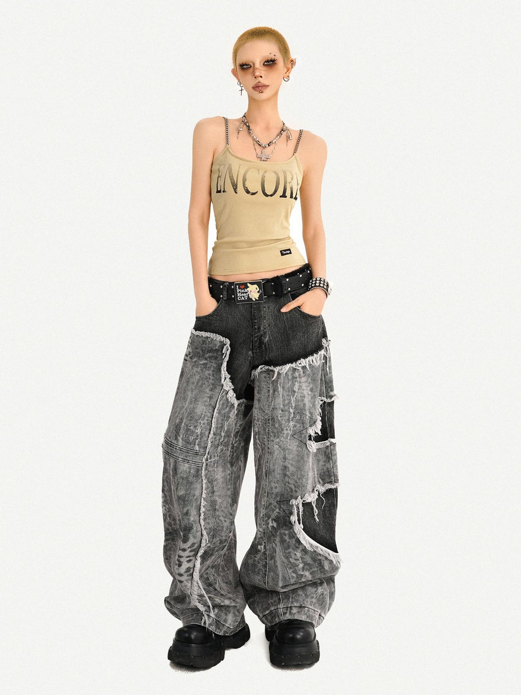 Nico Molly Loose U Neck Printed Short Non Padded Women Layering Khaki Black Camisoles