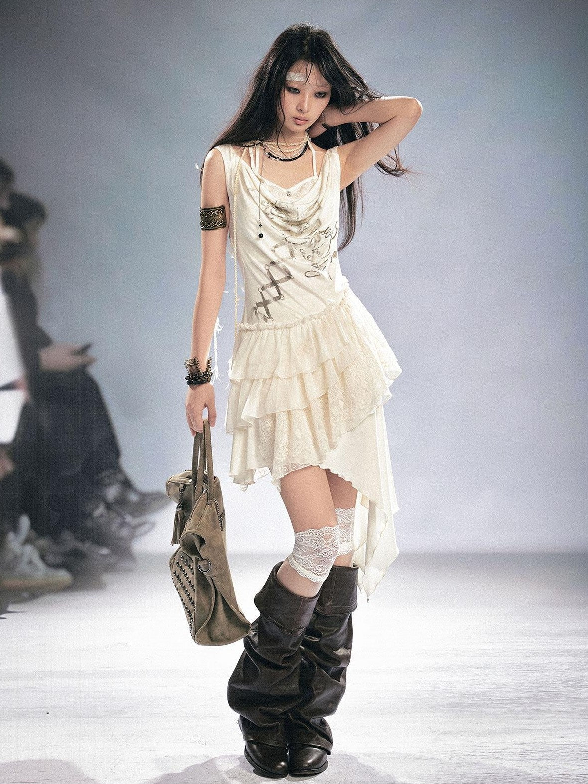Cest Nous Breathable Lyocell Slim Fit Sleeveless Collared Irregular Hem Beige Mididresses