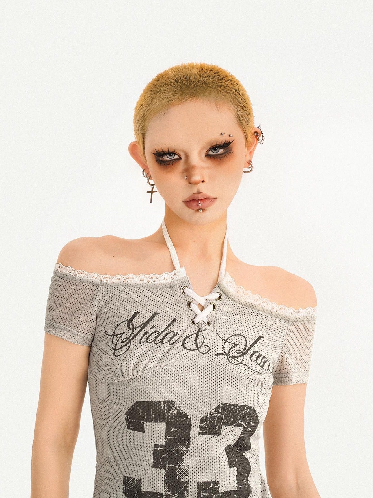 Nico Molly Sexy Slim Tie Front Women Letter Number Print Grey Off Shoulder Crop Tops