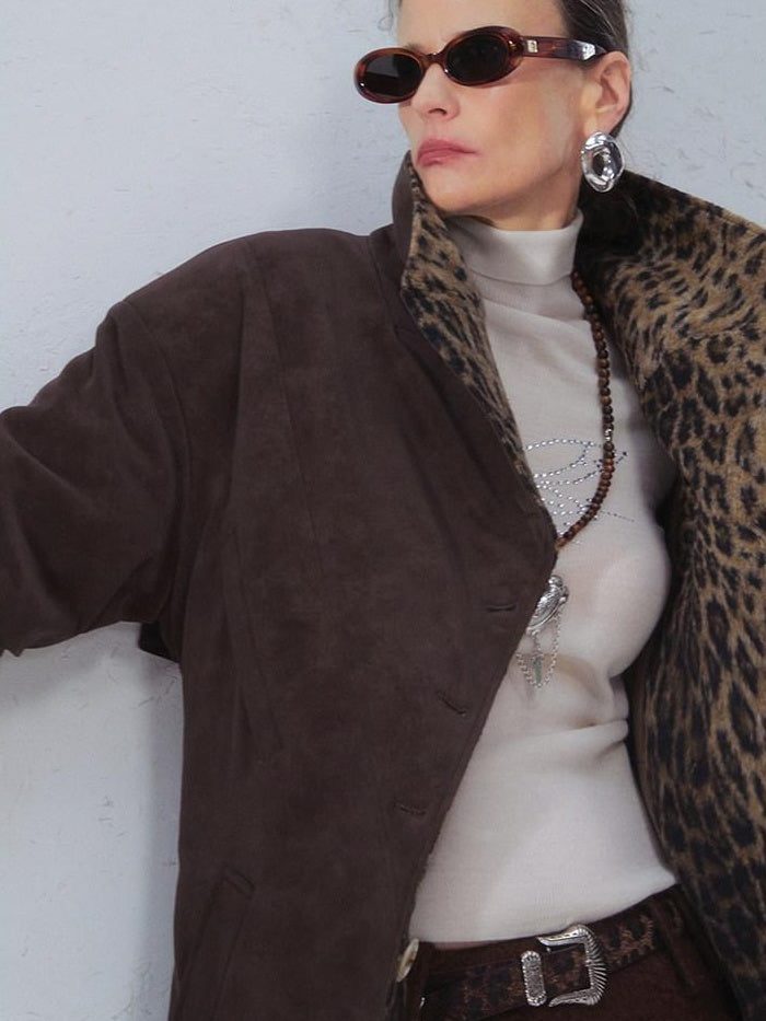 OfAkiva Faux Leather Windproof Vintage Straight Stand Collar Leopard Women Long Coats