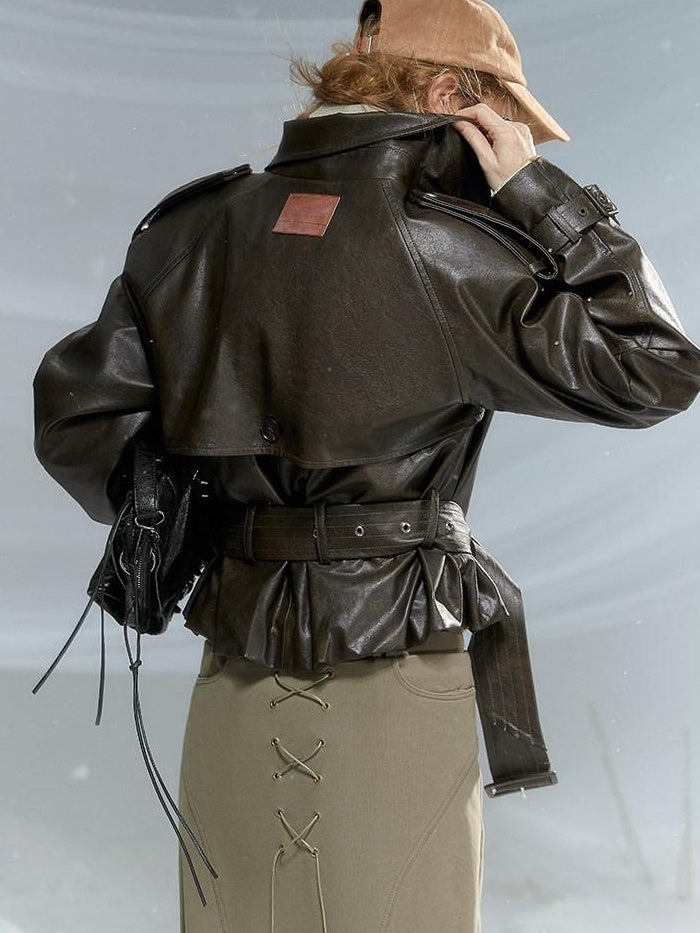 OfAkiva Slim Fit Short Zipper Blazer Collar Long Sleeve Youth Outerwear Leather Jackets