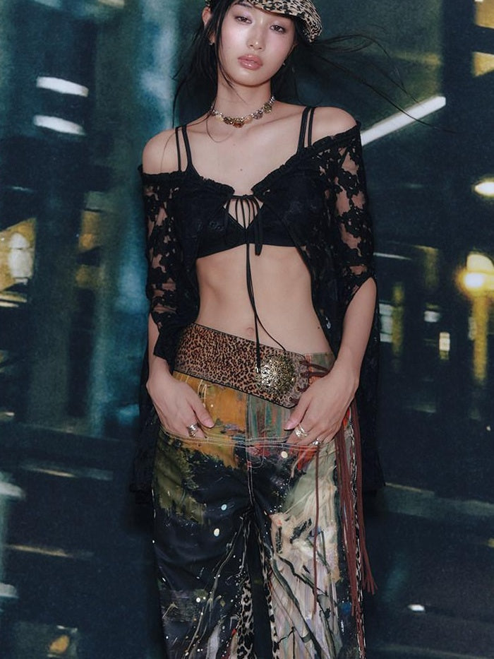 OfAkiva High Waist Leopard Patchwork Commuter Womens Straight Cut Flared Pants