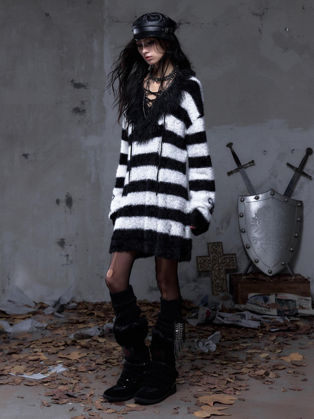 NO ROMANCE Vintage Punk Distressed Striped Women'S Faux Mink Low Neck Loose Long Sweaters