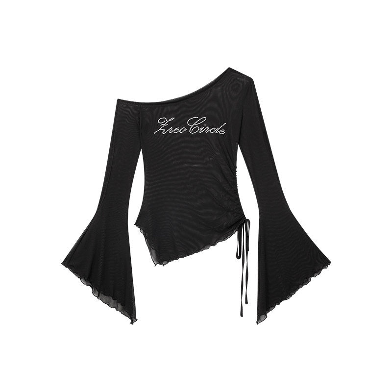 ZERO_Rhinestone_Nylon_Mesh_Asymmetrical_Neck_Slim_Street_Long_Sleeve_Crop_Tops_MISSTT