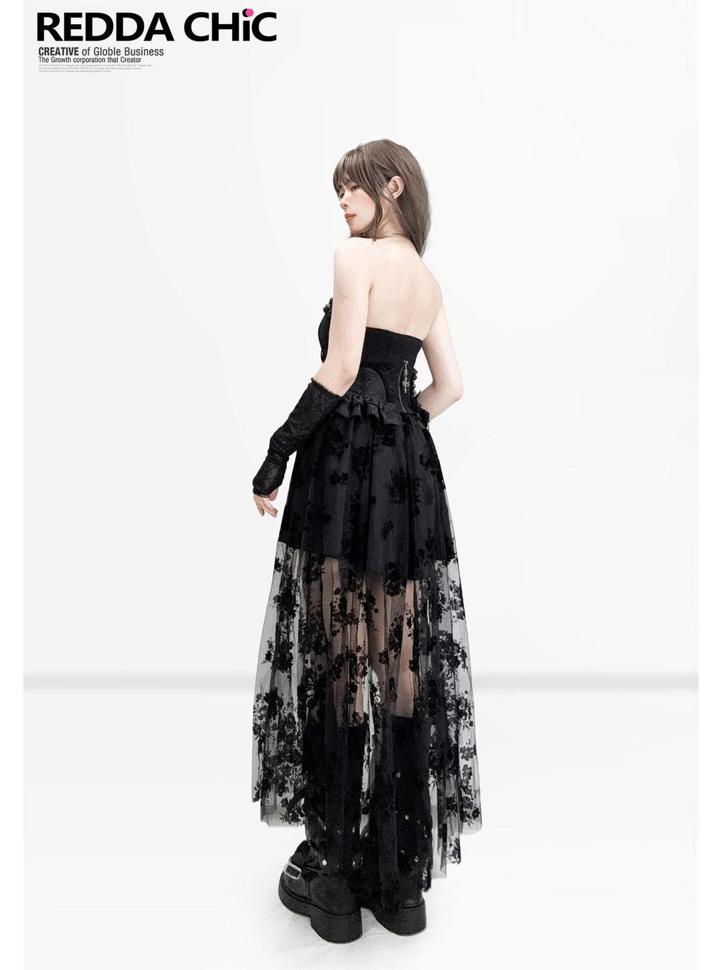 REDDACHIC Black Lace Spliced Aline Waist Cinch Women'S Mesh Strapless Midi Dresses