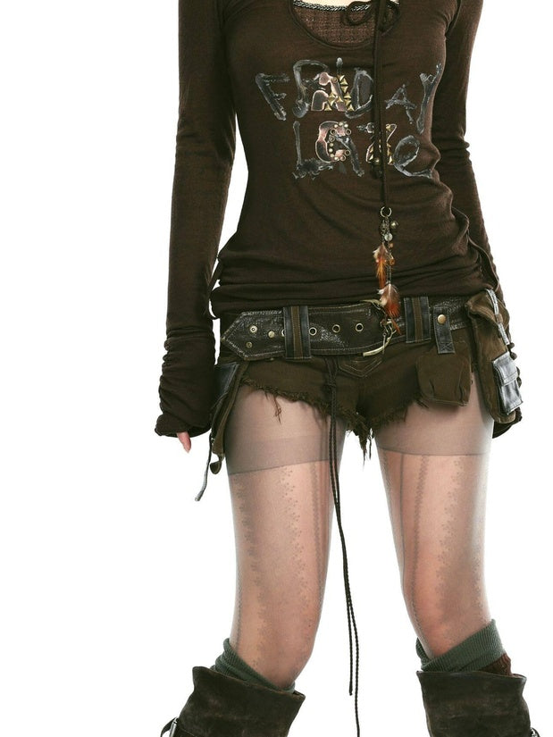 OPEN AESTHETIC Studded Leather Patch Creative Letter Print Slim Fit Women Long Sleeve T-Shirts
