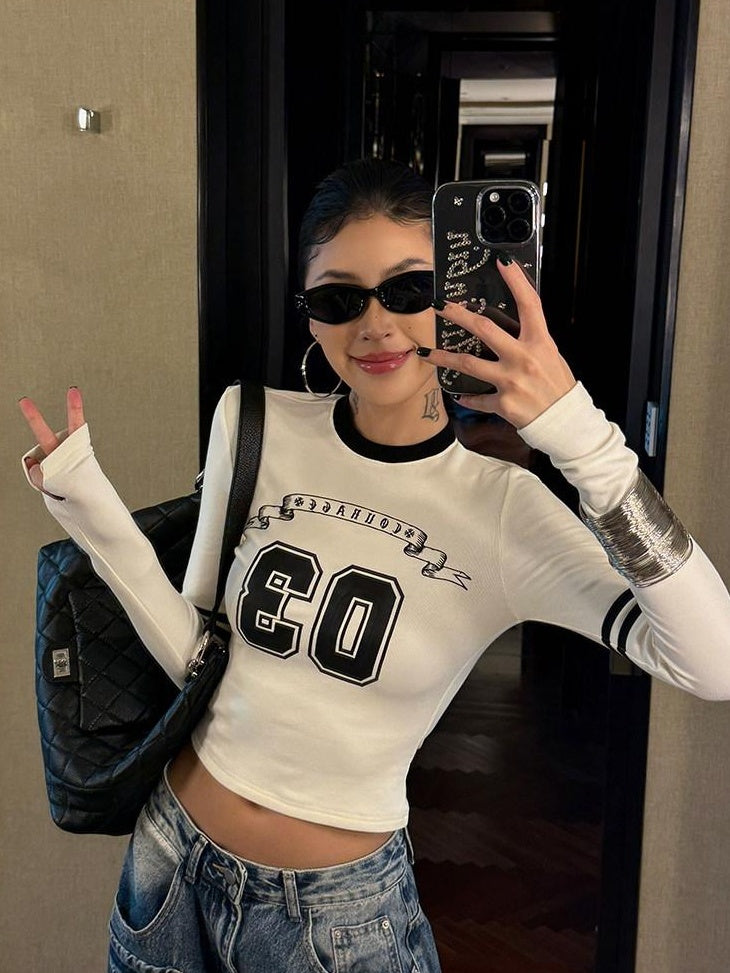 ZERO Viscose Knit Letter Print Casual Slim Fit Women Daily Long Sleeve Crop Tops