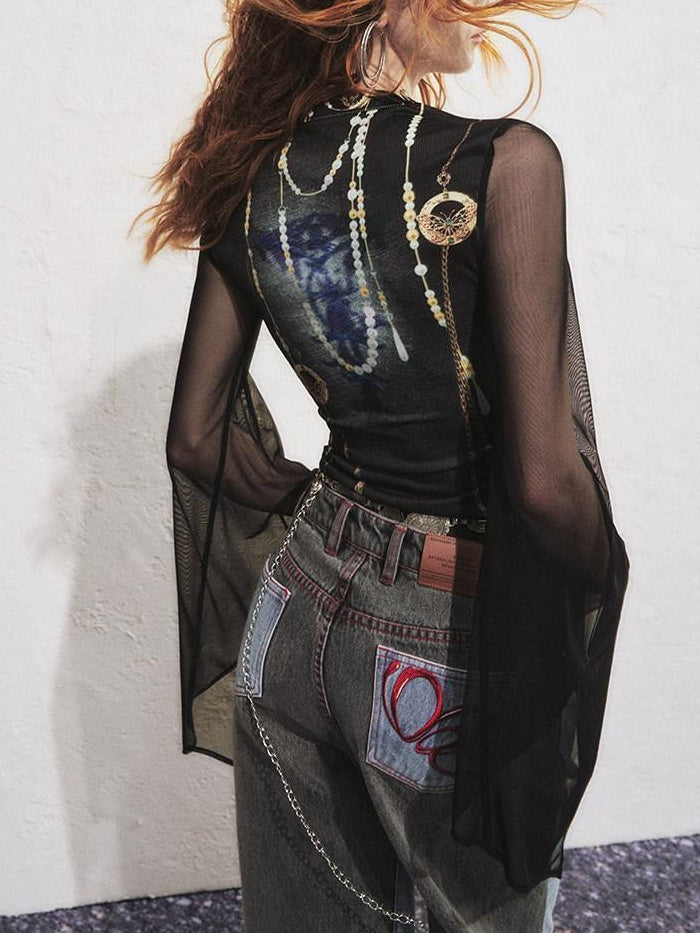 OfAkiva High Waist Vintage Embroidered Asymmetric Floral Cotton Women Wide Leg Jeans
