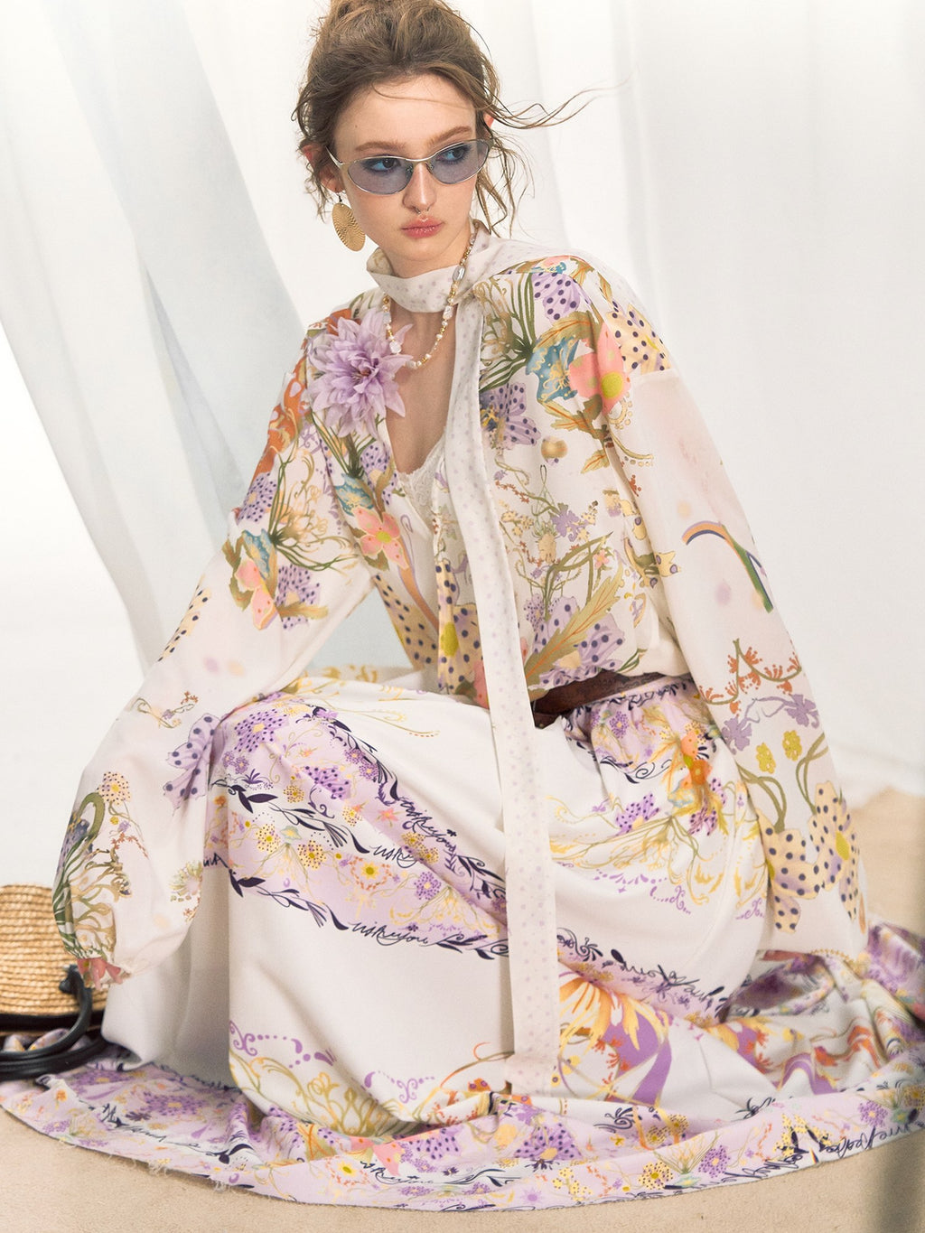 OfAkiva Slimming Vintage Loose Floral Chiffon V-neck Long Sleeve Women Printed Blouses