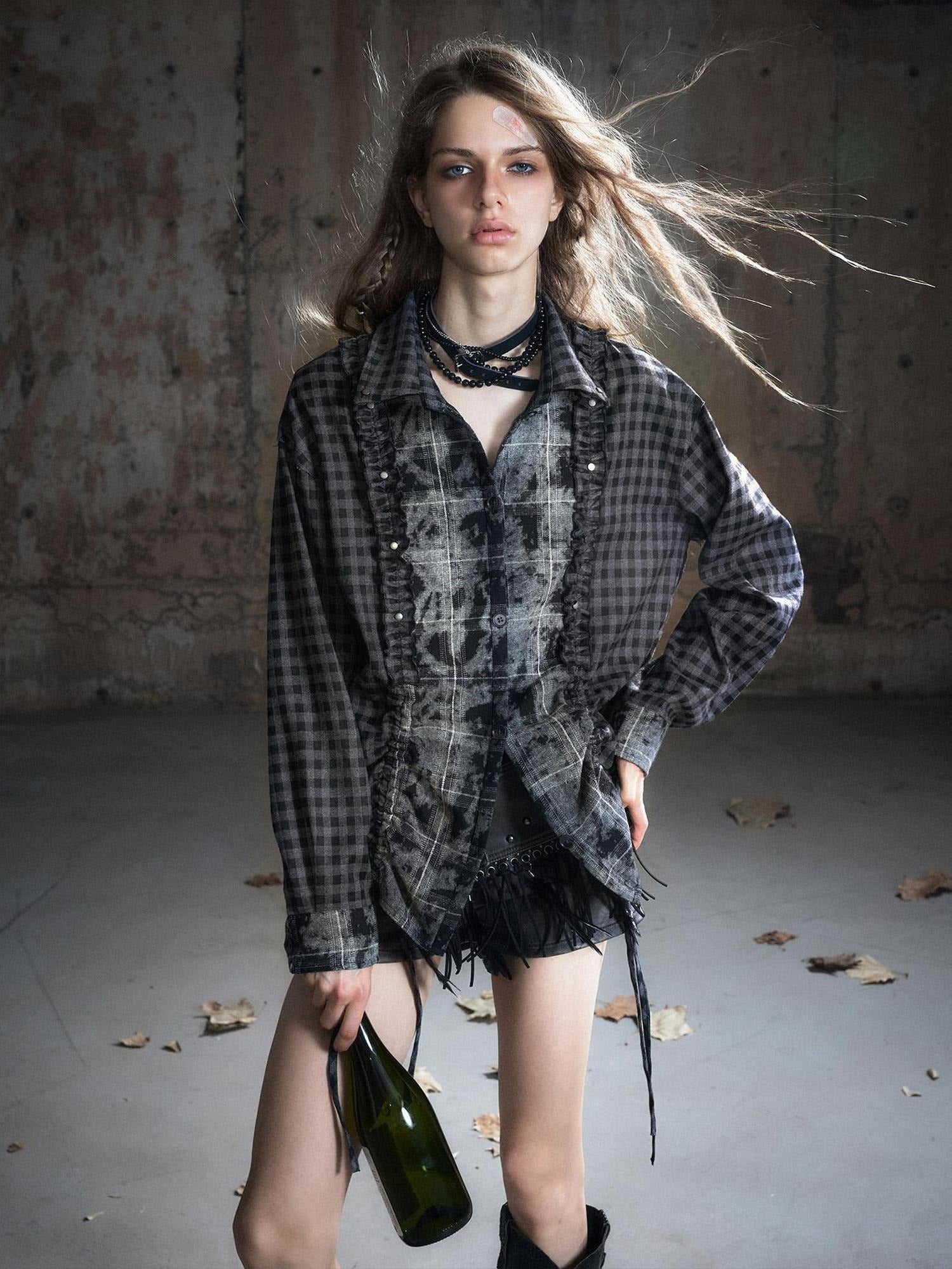 Cest Nous Punk Ruffle Check Straight Cardigan Long Sleeve Womens Casual Polyester Blouses