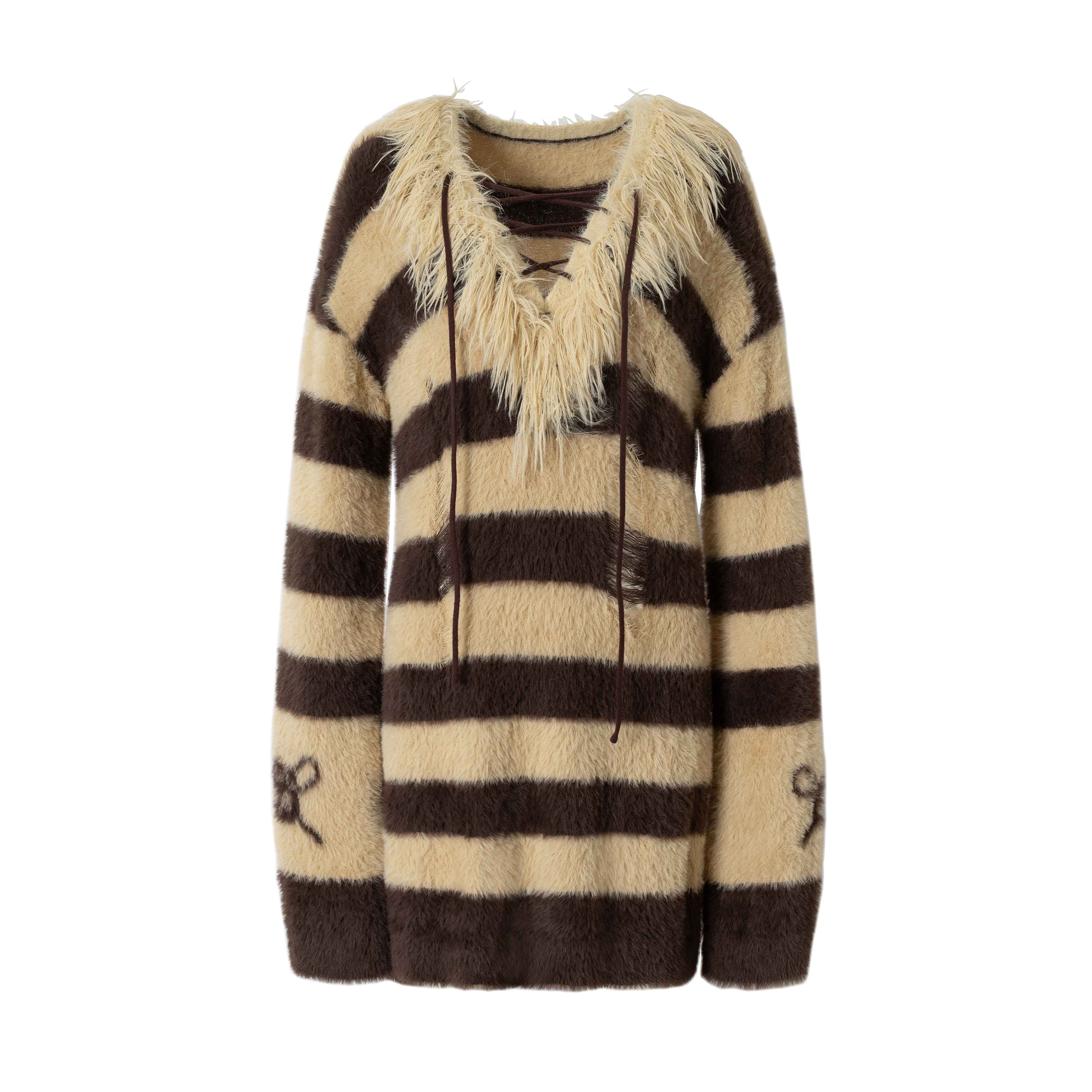 NO_ROMANCE_Vintage_Punk_Distressed_Striped_Women'S_Faux_Mink_Low_Neck_Loose_Long_Sweaters_MISSTT