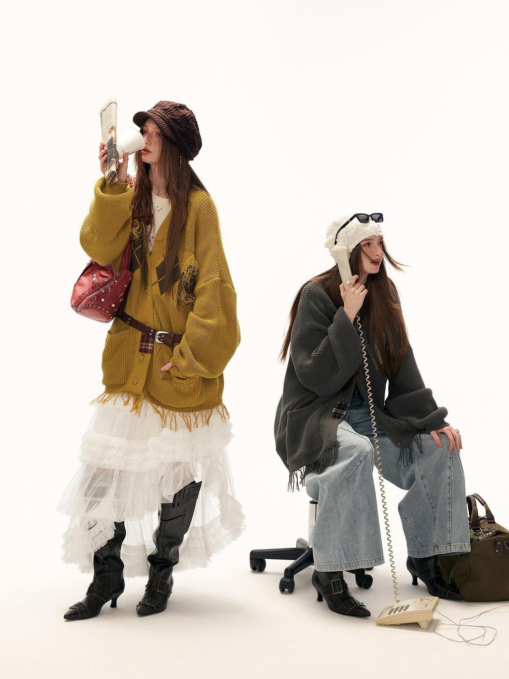 MAMC Recycled Rayon Fringe Relaxed Fit Mid Length Argyle Workwear Cardigans