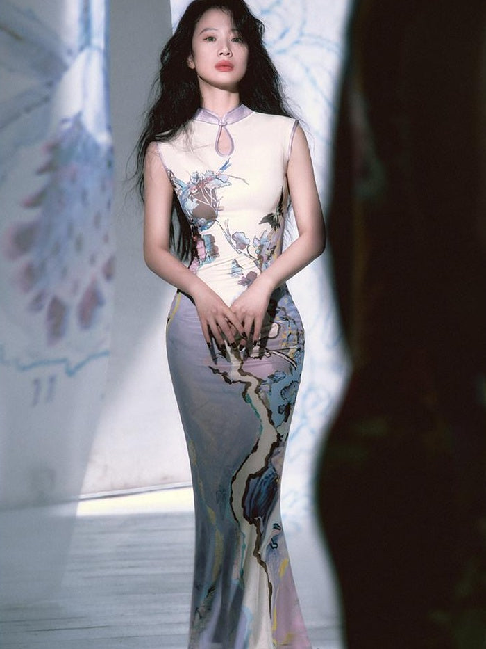 OfAkiva Floral High Waist Modern Qipao A Line Sleeveless Travel Maxi Dresses