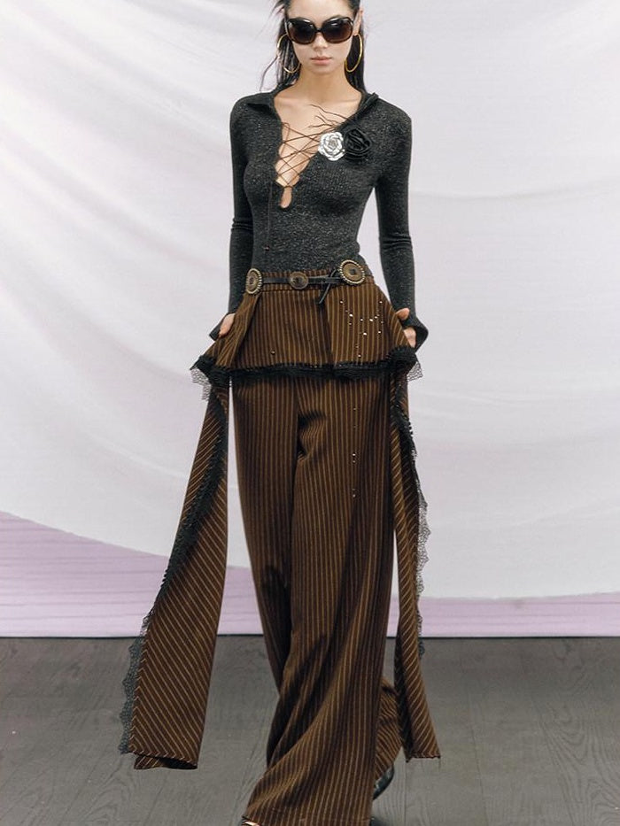 OfAkiva High Waist Vintage Striped Patchwork Zipper Fly Women Straight Wide Leg Pants