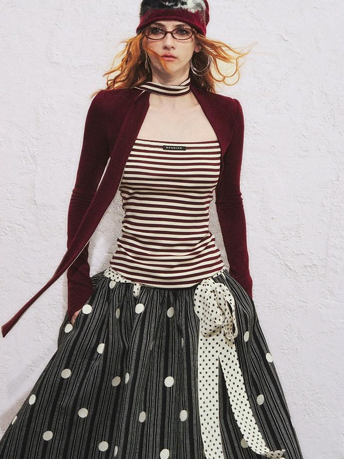 OfAkiva Slimming Striped Faux Layer Square Neck Crop Womens Casual Long Sleeve T-Shirts