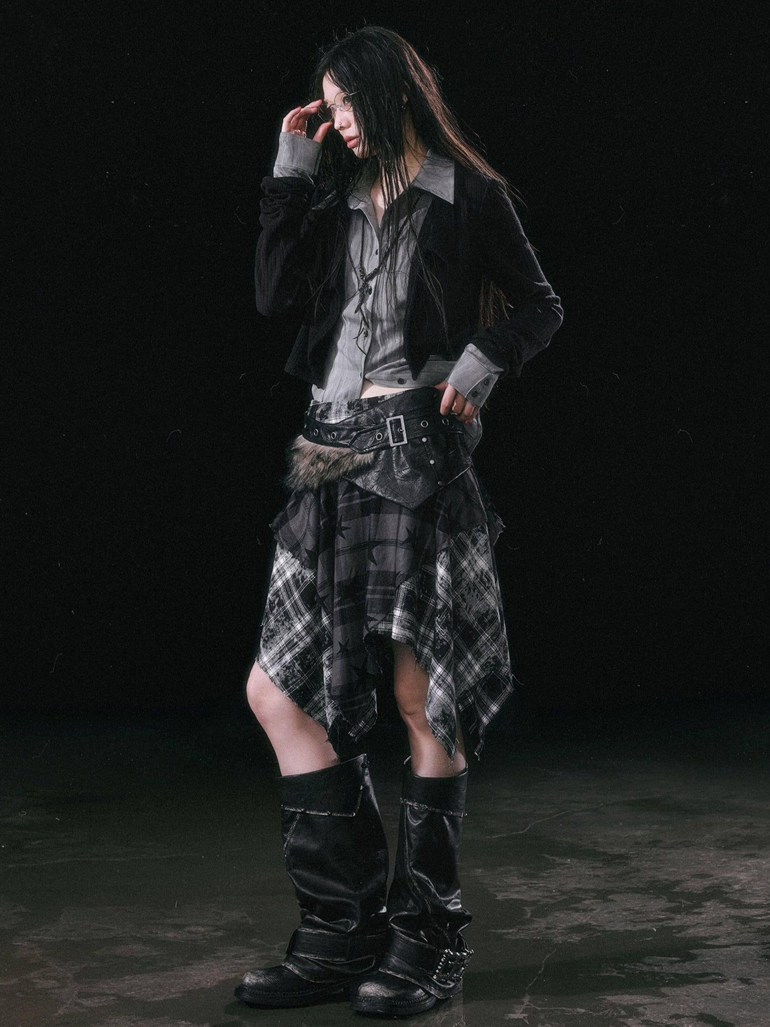 Cest Nous Patchwork Asymmetrical Punk Plaid A Line Mid Waist Women Cotton Midiskirts