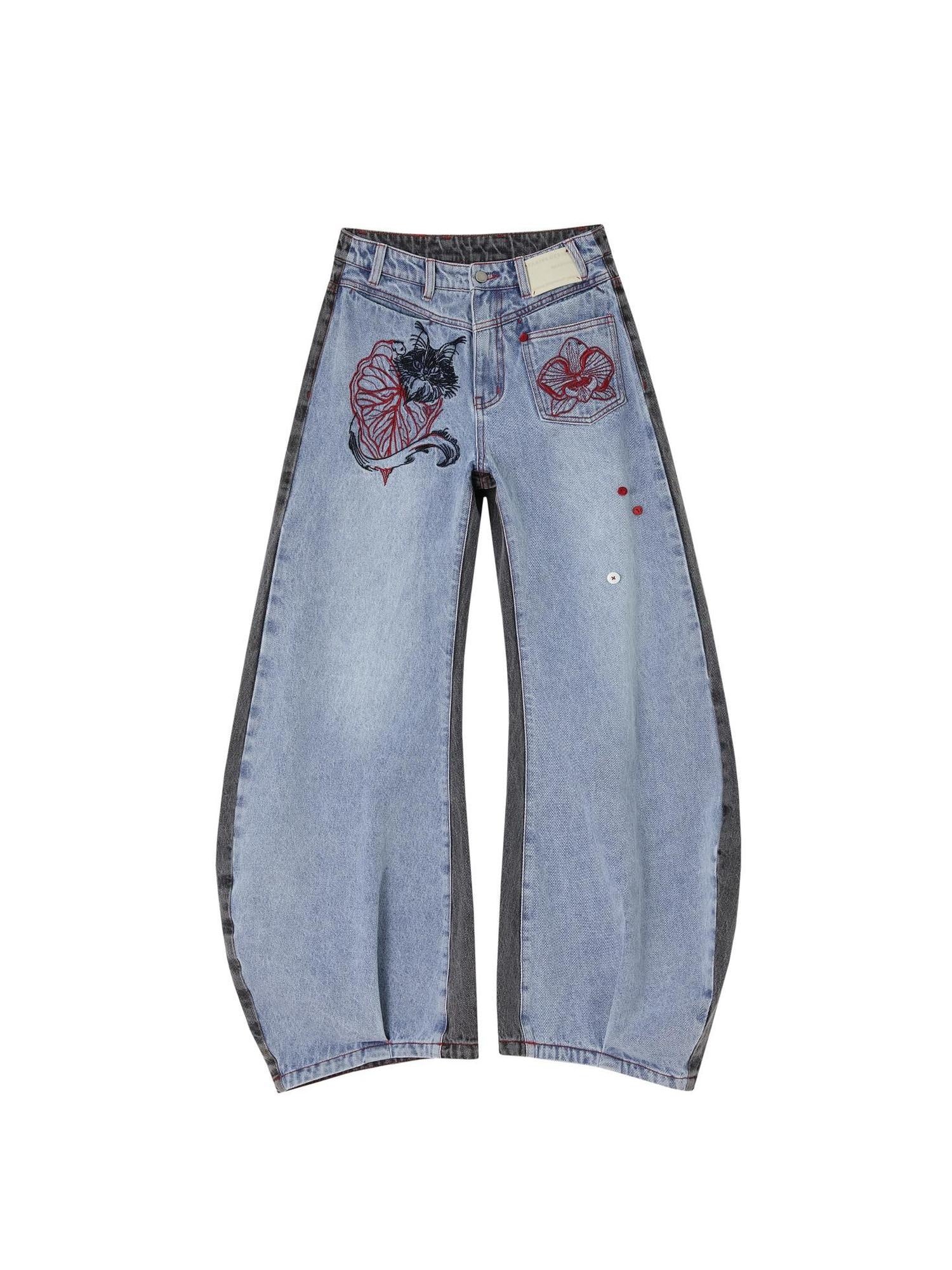 OfAkiva High Waist Vintage Embroidered Asymmetric Floral Cotton Women Wide Leg Jeans