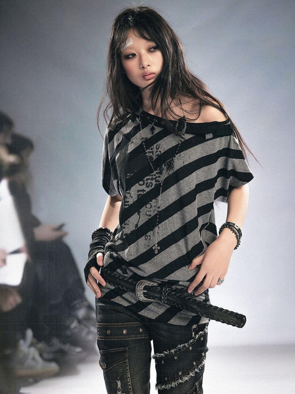 Cest Nous Punk Stripe Batwing Short Sleeve Asymmetric Neck Black Grey Offshouldercroptops