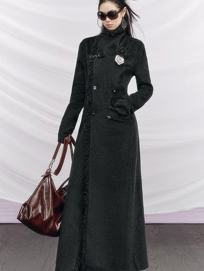 OfAkiva Vintage Slim Wool V-neck Drop Shoulder Single Breasted Women Long Coats