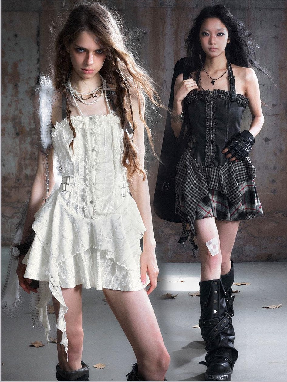 Cest Nous Pu Lace Waist Cinched Punk Bodycon Strapless Womens Spliced Minidresses