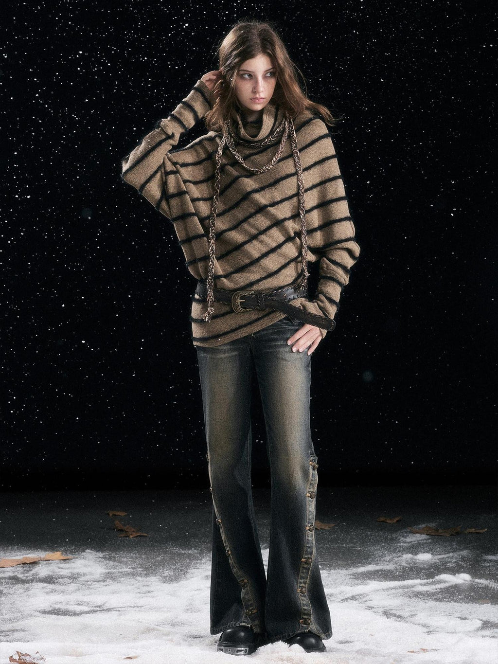 Cest Nous Cozy Thick Street Oversized Batwing Turtleneck Tie Front Women Striped Sweaters