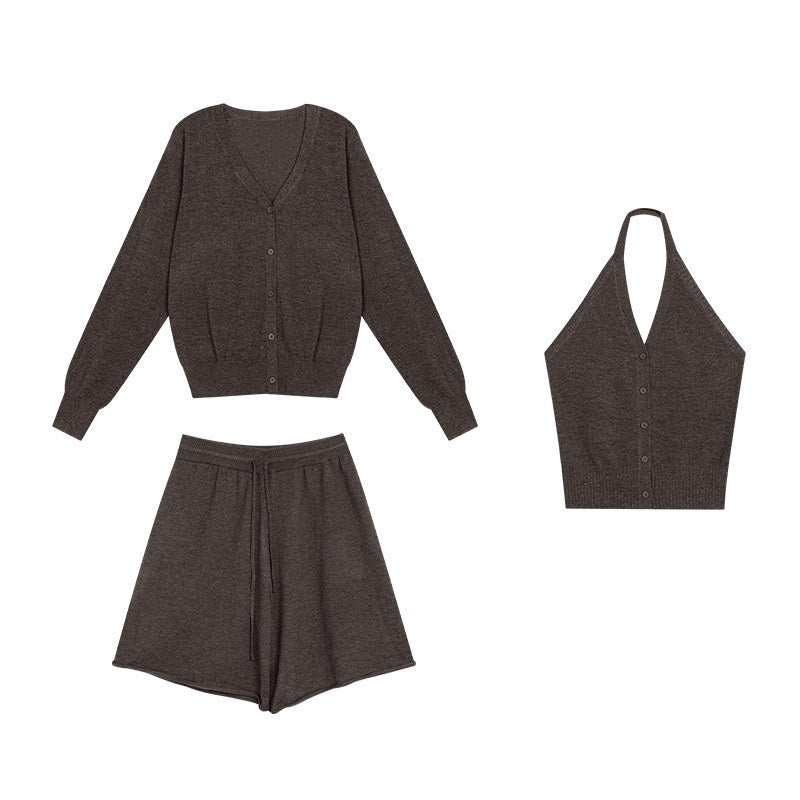 ZERO_High_Stretch_Knitted_V-neck_Cardigan_Loose_Fit_3_Piece_Women_Top_&_Shorts_Sets_MISSTT