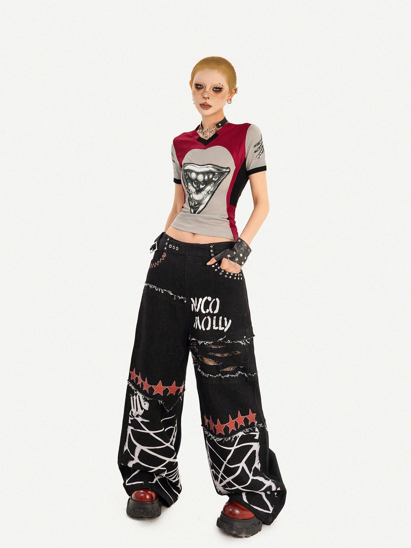 Nico Molly Ripped Natural Waist Relaxed Button Fly Letter Black Women Wide Leg Jeans