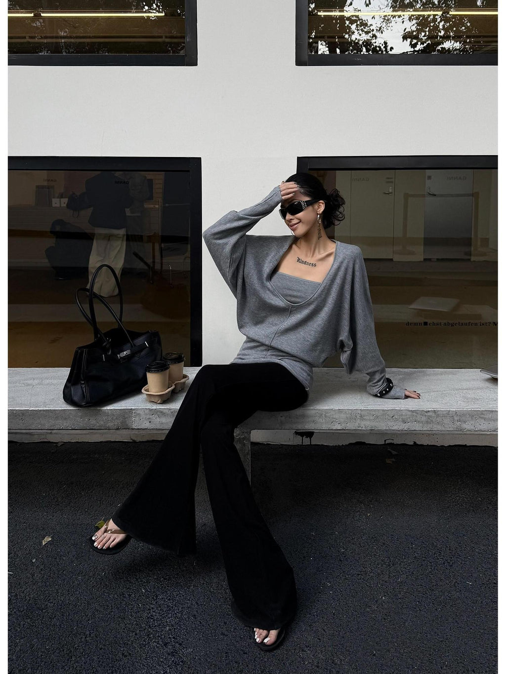 ZERO Batwing Sleeve Two Piece Oversized Midlength Pullover Casual Women Cami Knitwear