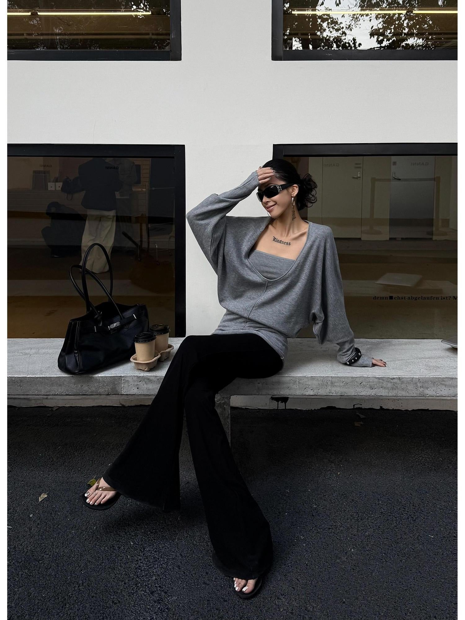 ZERO Batwing Sleeve Two Piece Oversized Midlength Pullover Casual Women Cami Knitwear