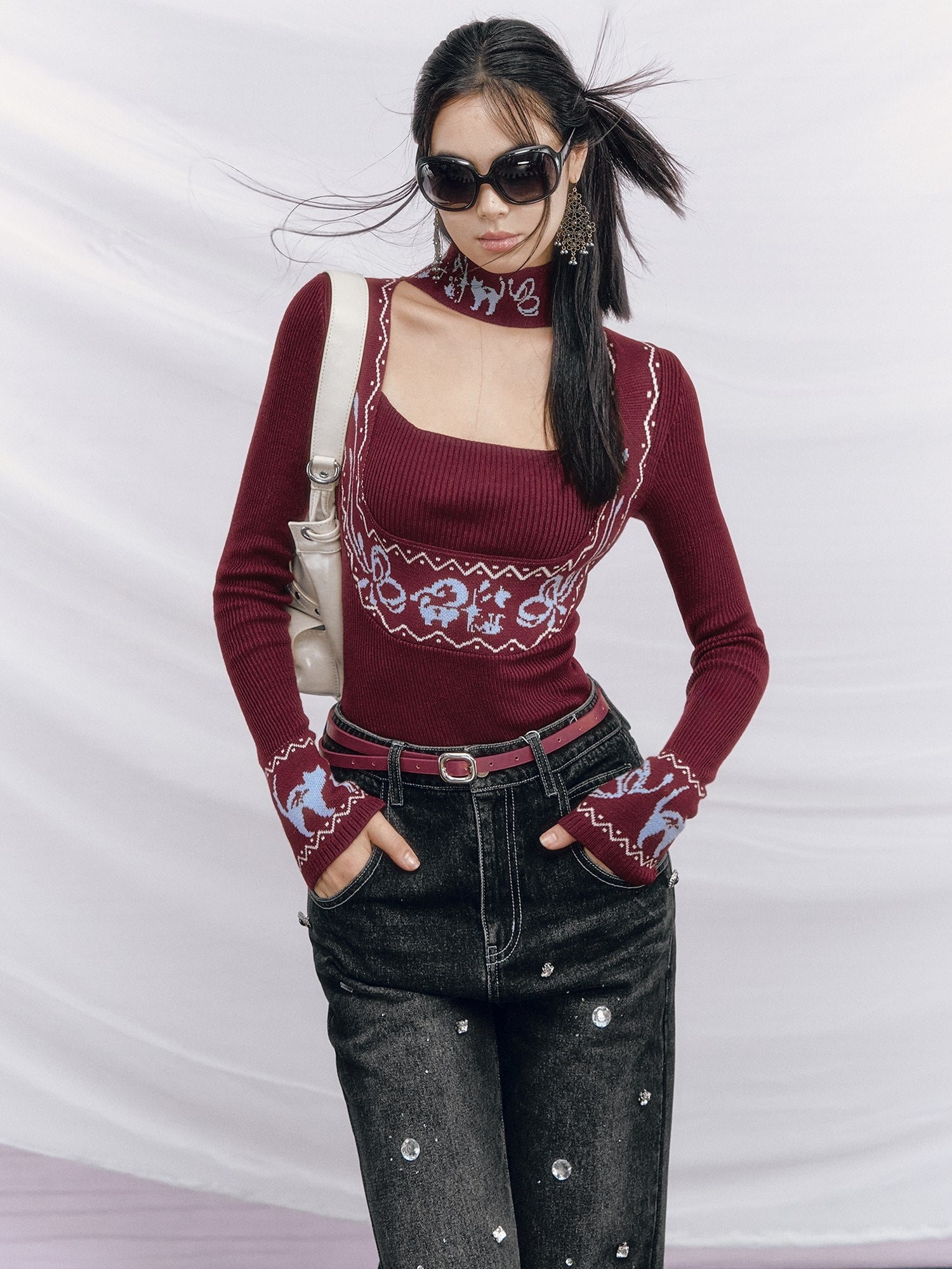 OfAkiva Sexy Square Neck Slim Contrast Bow Longsleeve Women Wine Red Knitwear