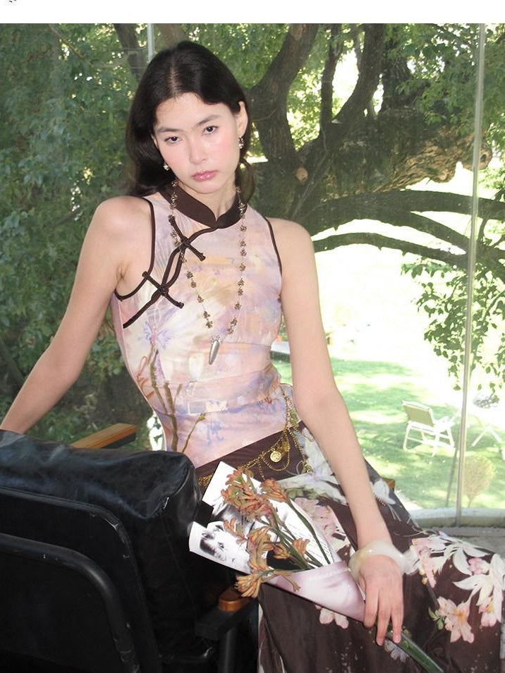 OfAkiva Floral Print Cropped Knit Sleeveless Slim Fit Two Piece Top & Skirt Sets