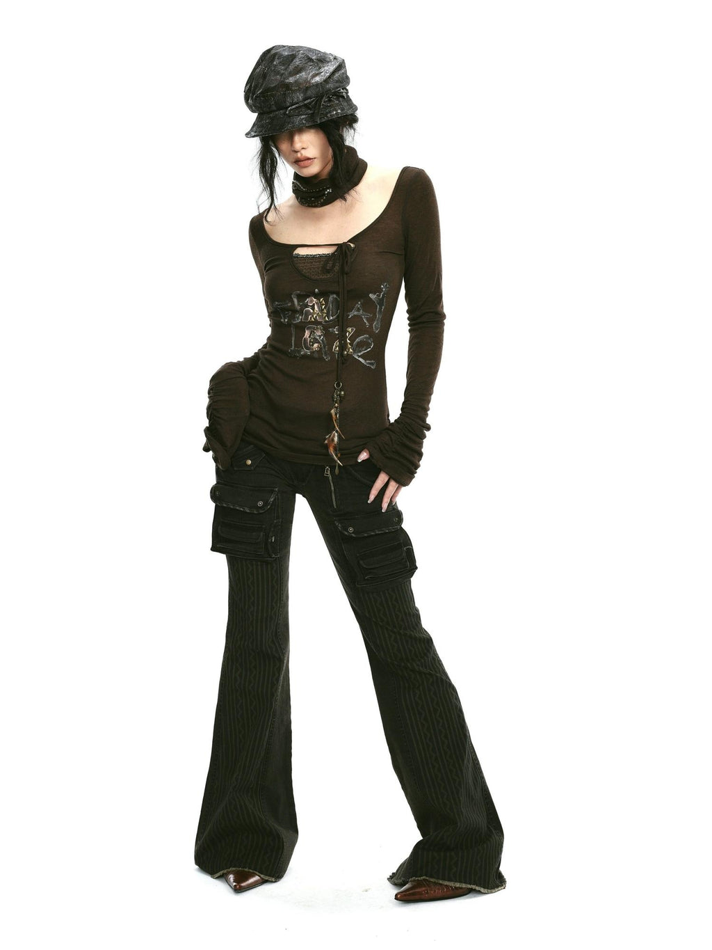 OPEN AESTHETIC Studded Leather Patch Creative Letter Print Slim Fit Women Long Sleeve T-Shirts