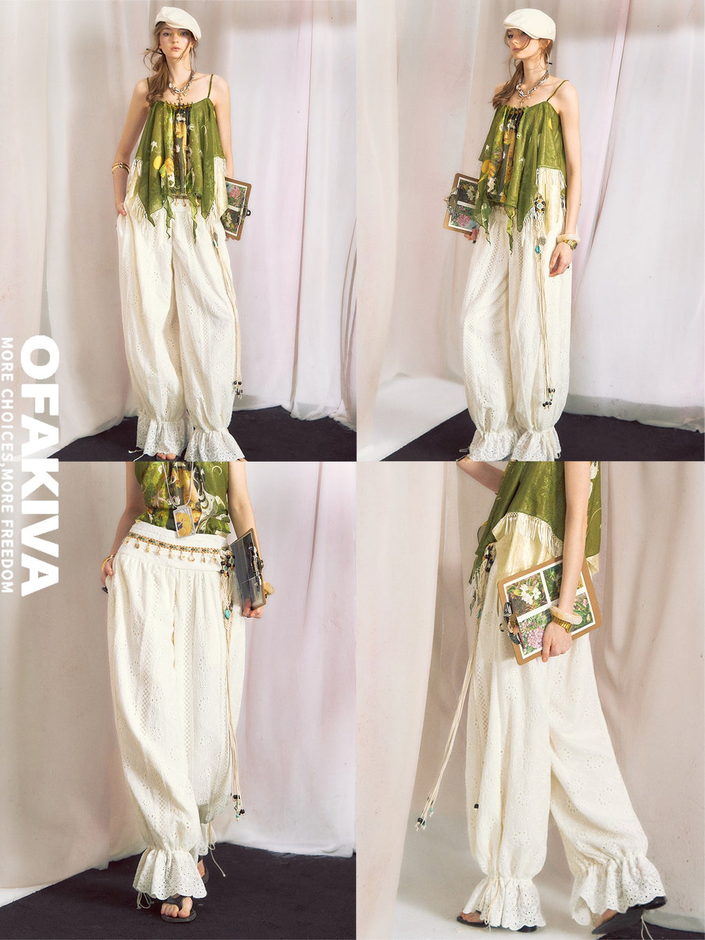 OfAkiva Relaxed Lantern Natural Waist Zip Fly Flared Hem Women Wide Leg Pants