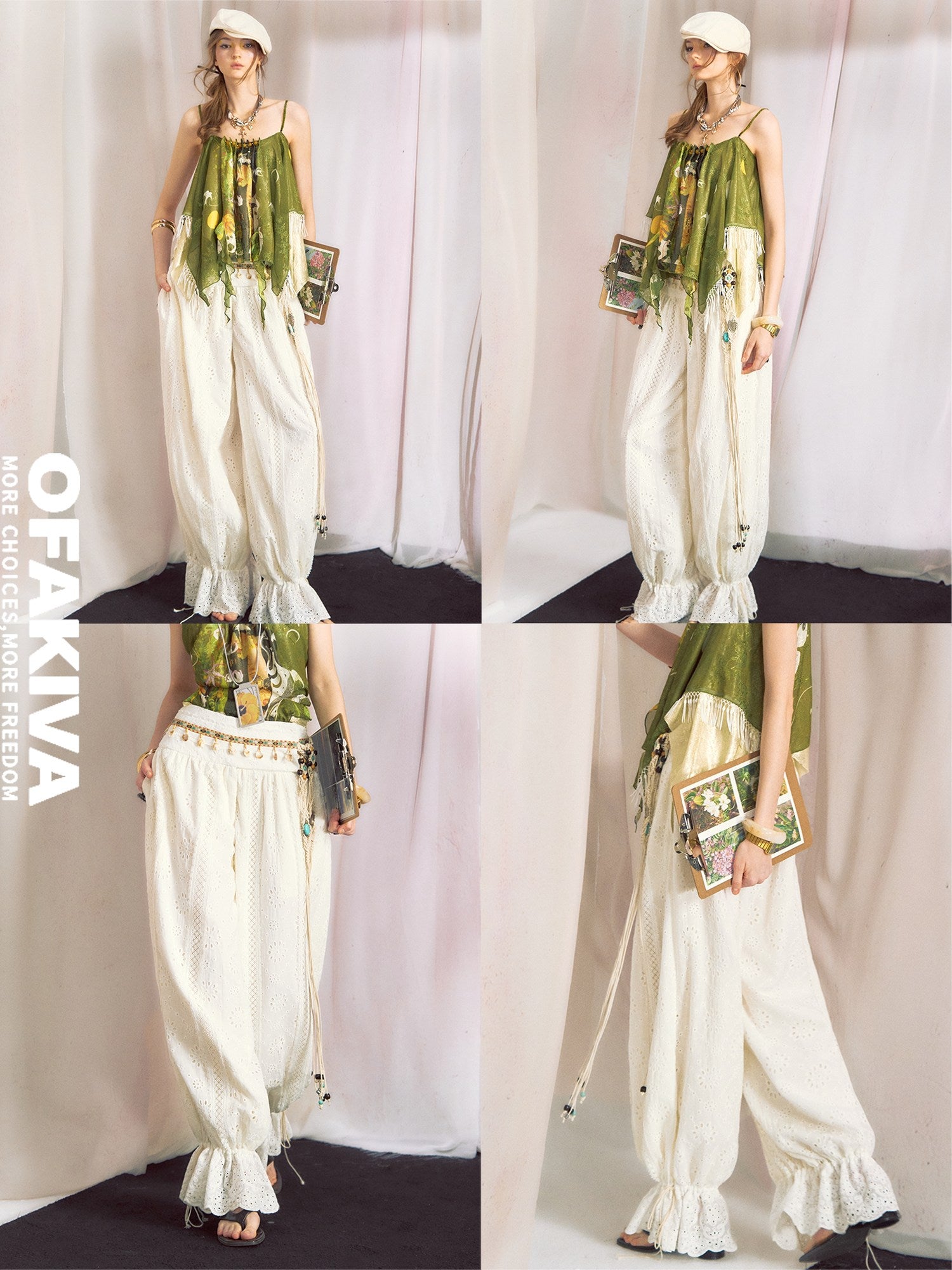 OfAkiva Relaxed Lantern Natural Waist Zip Fly Flared Hem Women Wide Leg Pants