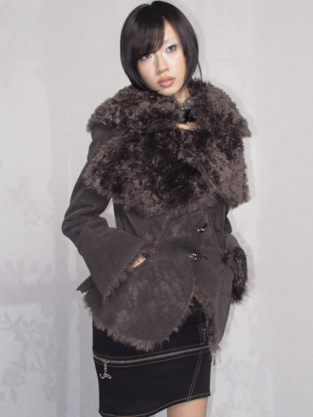 OPEN AESTHETIC Warm Faux Fur Oversized Lapel Collar Women Dark Aesthetic Black Casual Jackets