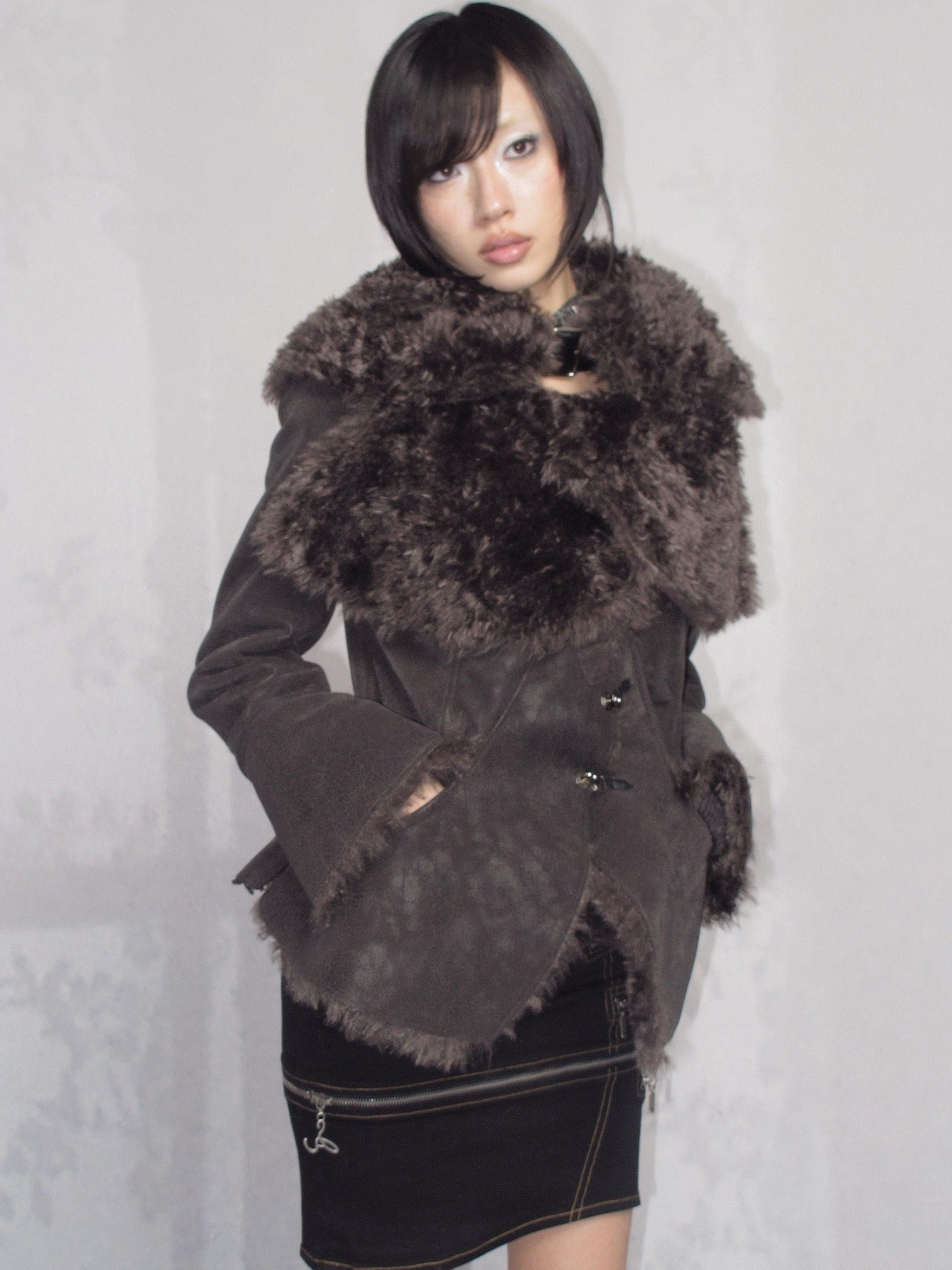 OPEN AESTHETIC Warm Faux Fur Oversized Lapel Collar Women Dark Aesthetic Black Casual Jackets