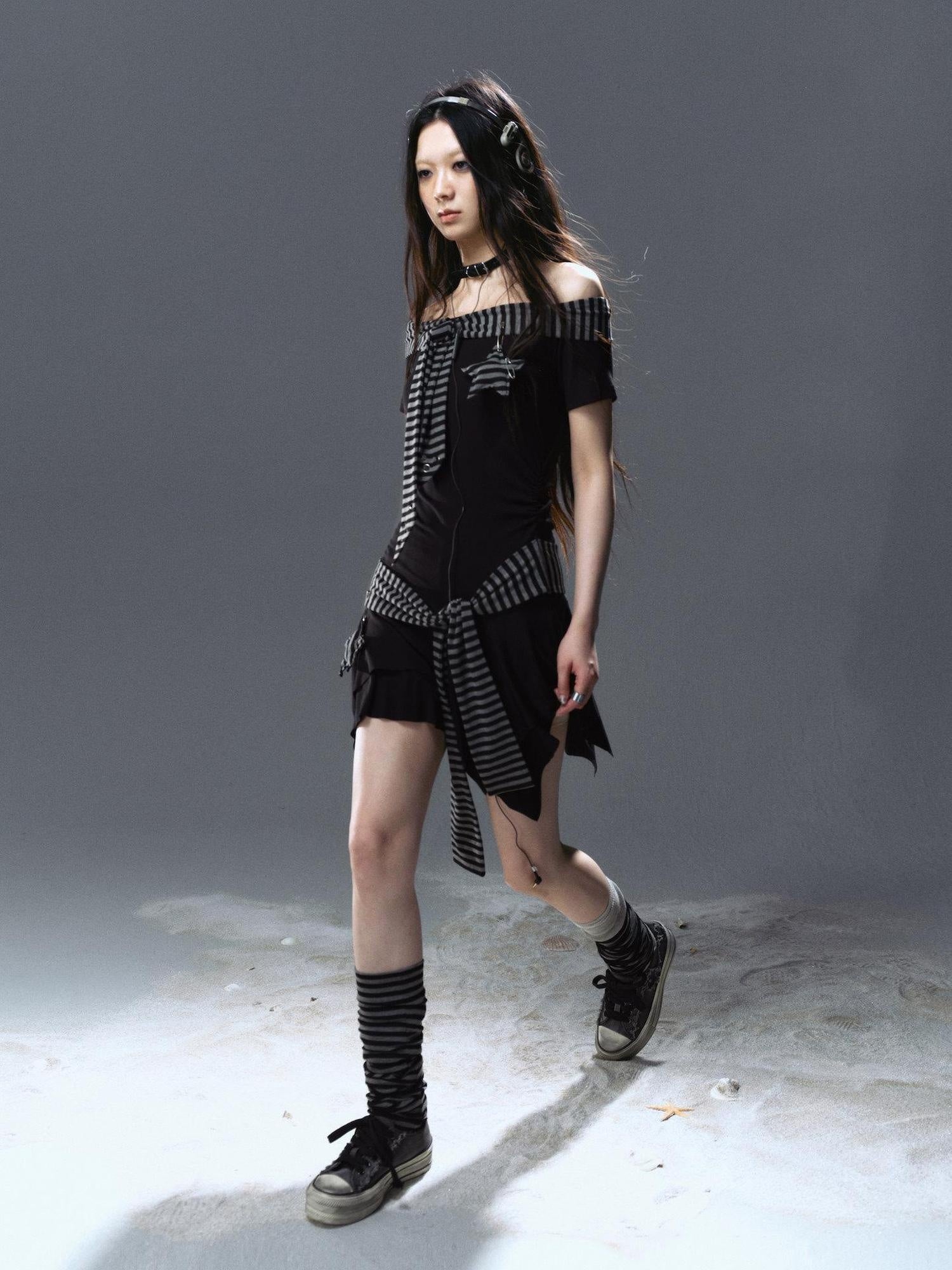Cest Nous Soft Tie Street One Shoulder A Line Slim Casual Women Black Grey Mididresses