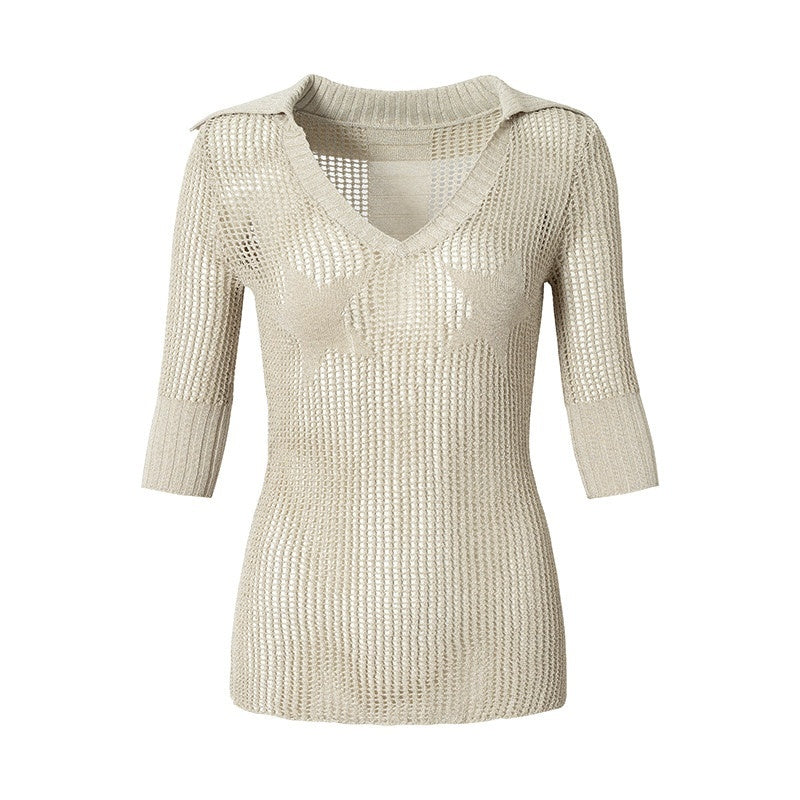 NO_ROMANCE_Star_Cutout_V-neck_One_Shoulder_Two_Way_Women'S_Knit_Short_Sleeve_T-Shirts_MISSTT
